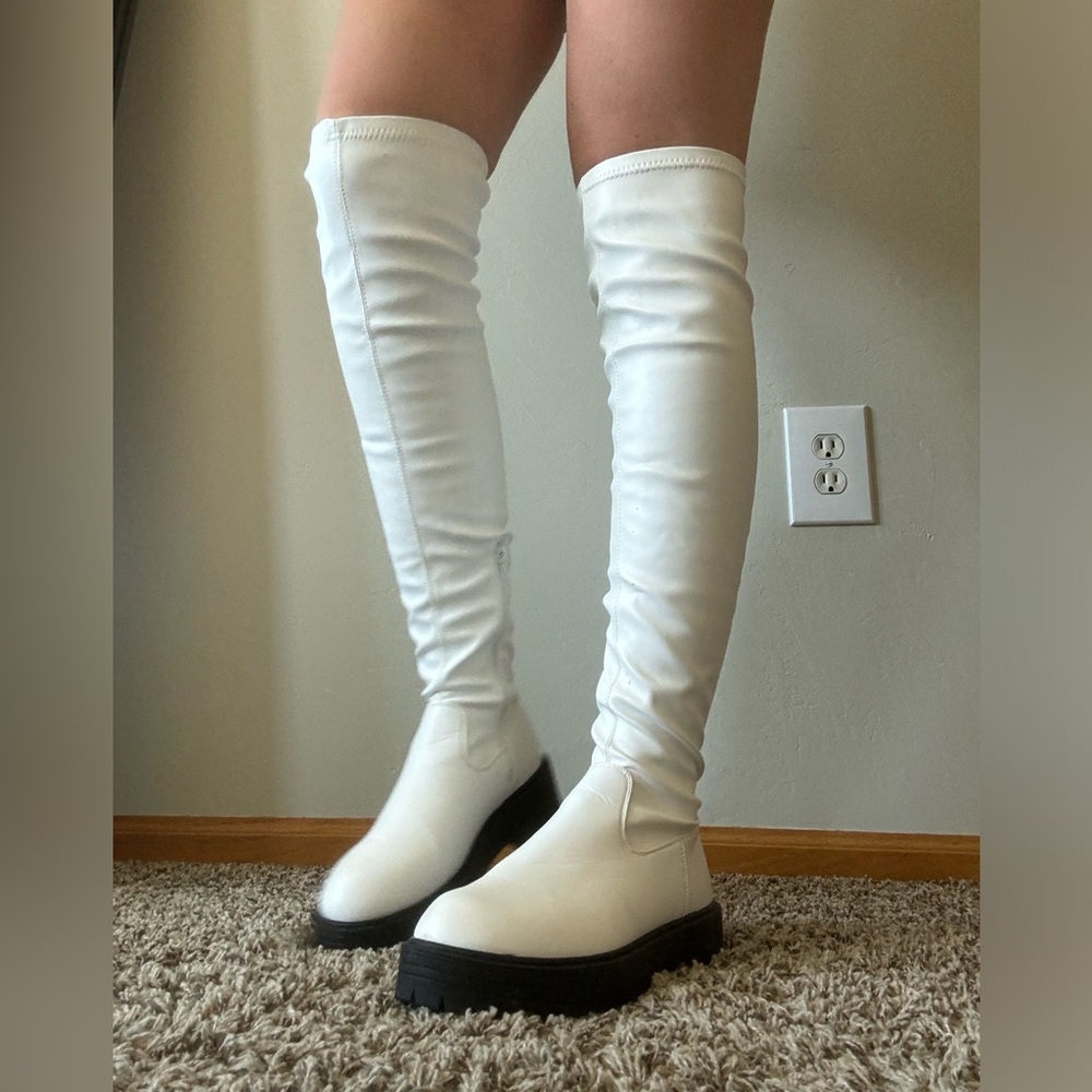 White knee high boots